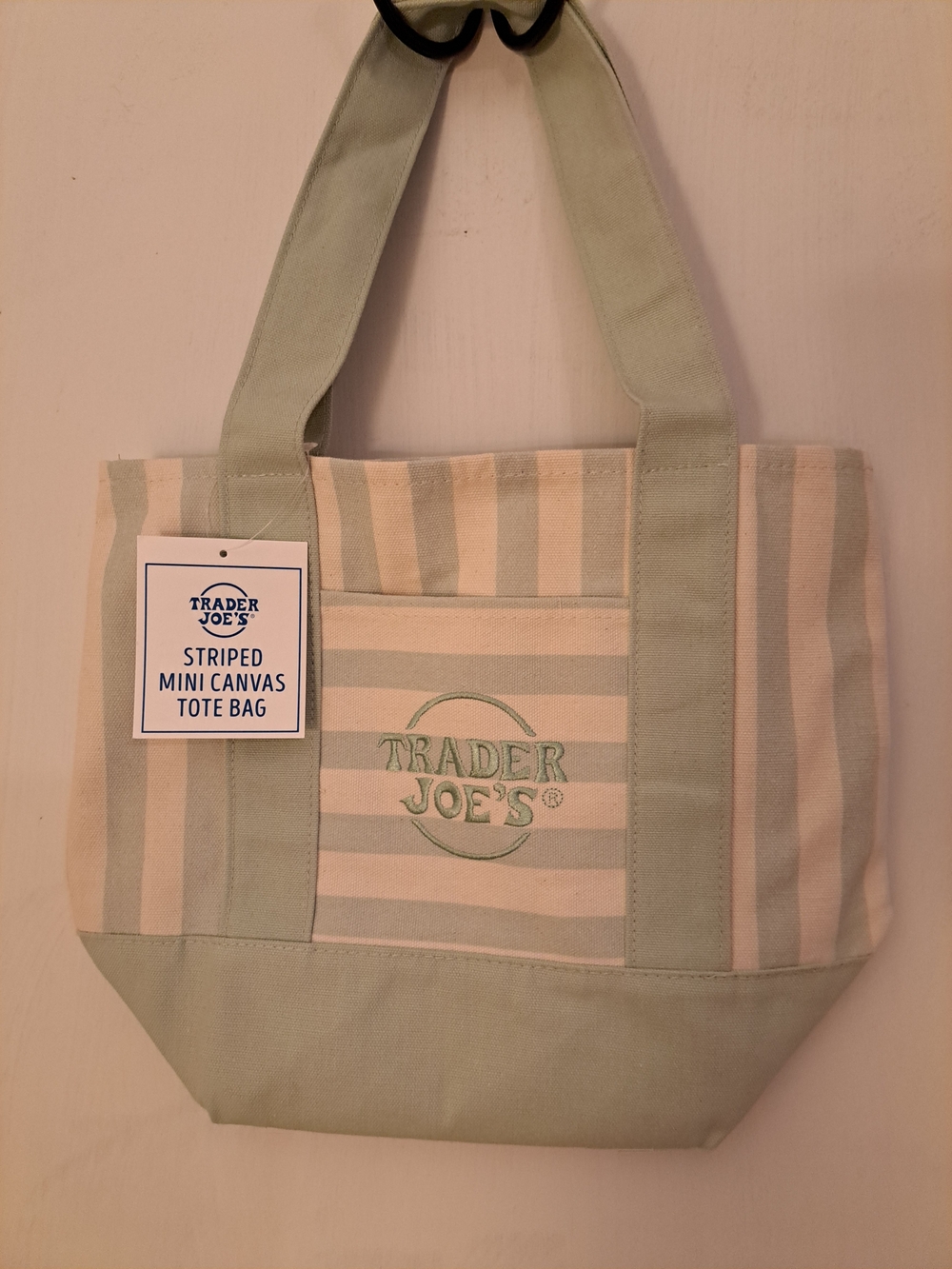 TRADER JOE's Striped Mini Canvas Tote Bag Newly released /Light Green and Cream